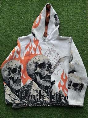 MAJESTIK Rock Life Tapestry Jacquard Rhinestone Skull Apocalypse Hoodie
